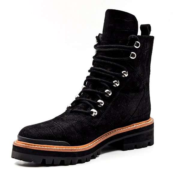 Marc Fisher Women Lizzie Black Croc Festival Combat Black Leather Boots sz 7.5 - Picture 5 of 12